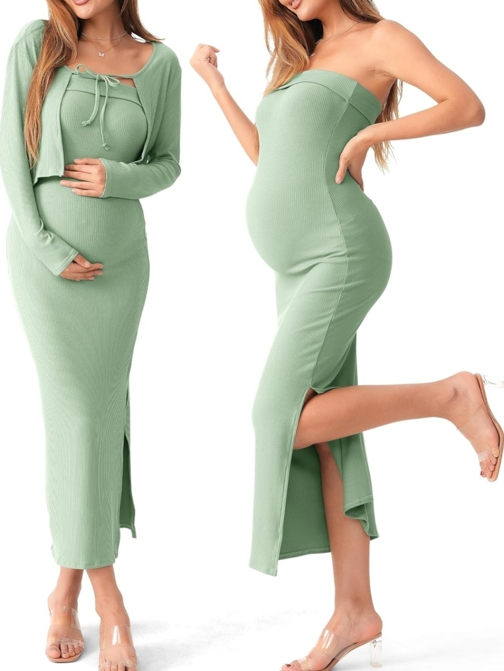 SUNNYBUY Maternity Tube Dress, Cardigan, Bodycon Ribbed Maxi